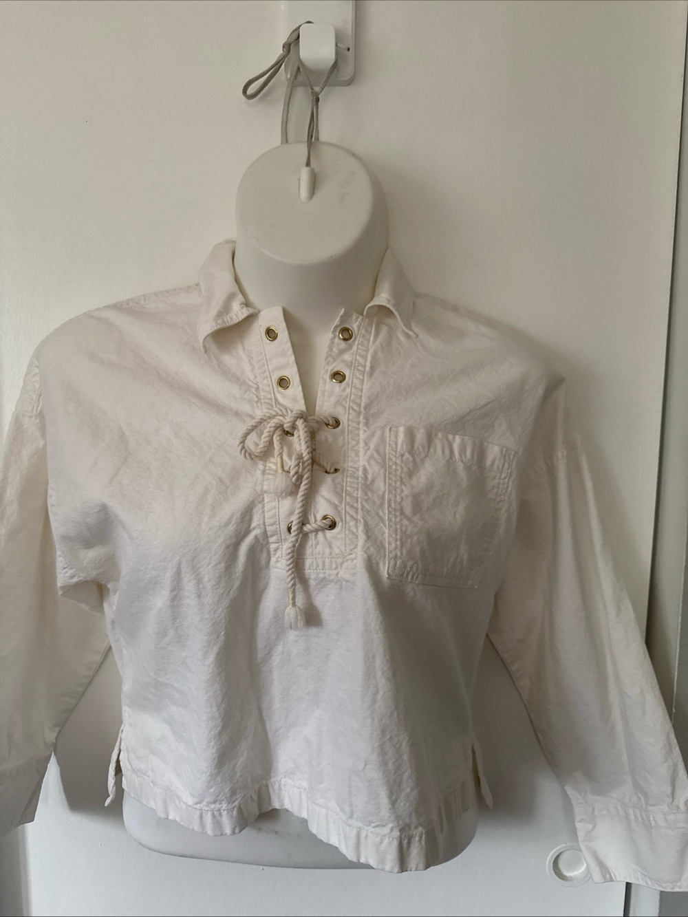 J Crew White Lace Up Rope Tassel Pullover Top Beach Preppy Sailor Boho Small